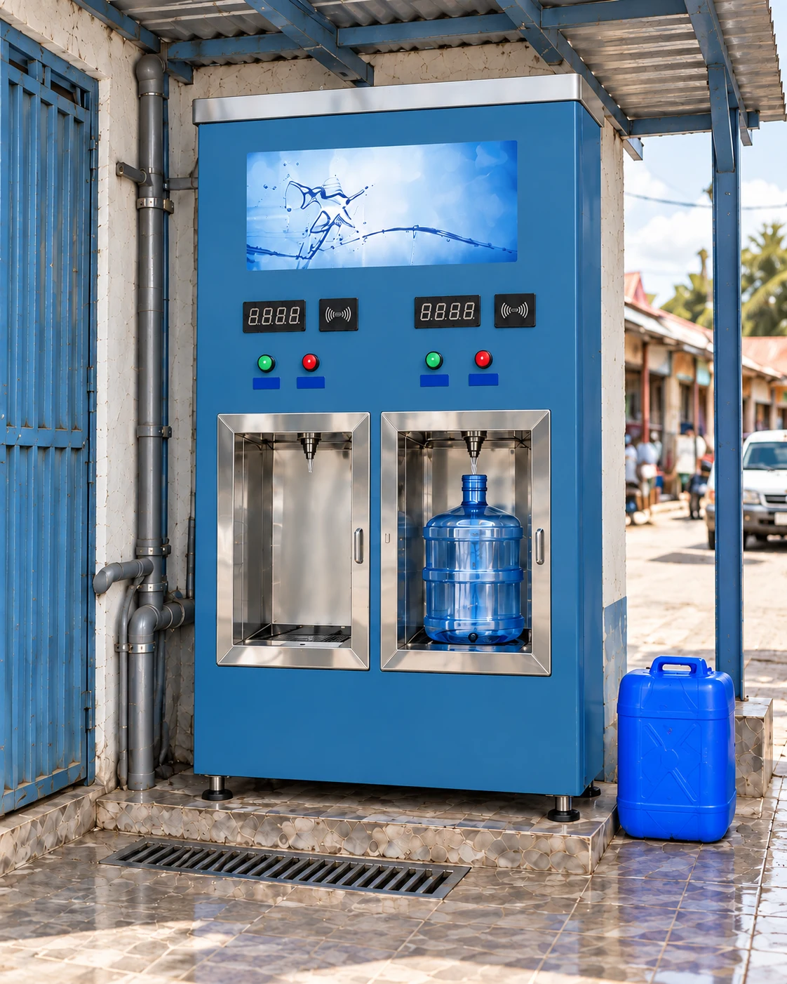 Two-window vending cabinet beneath a shop awning