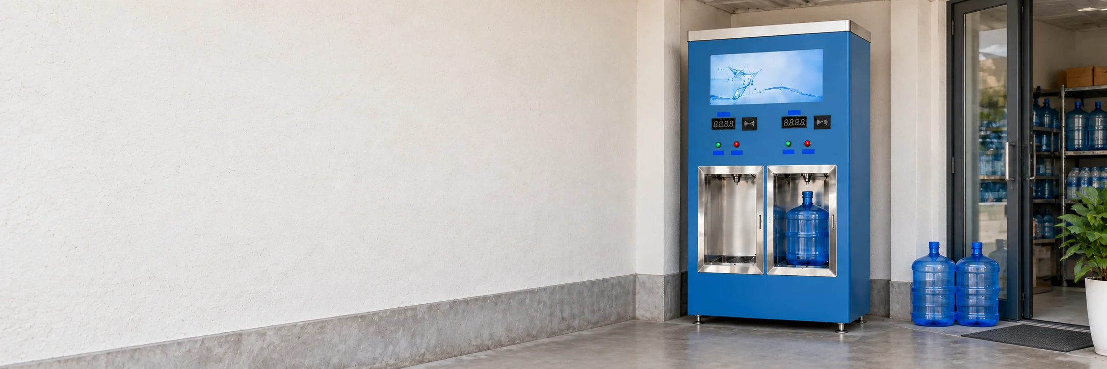 Blue vending cabinet beside a retail frontage