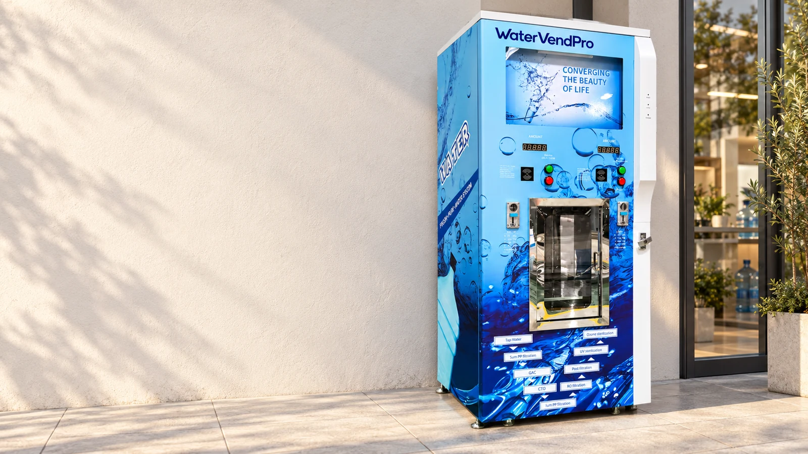 Blue vending cabinet installed beside a retail shopfront
