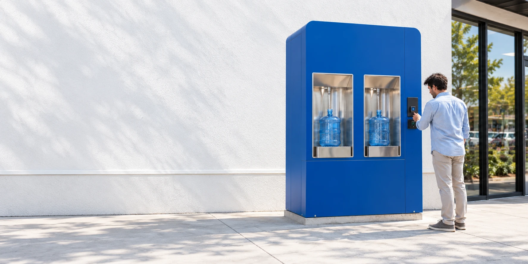 Customer at a freestanding blue refill station on a pavement